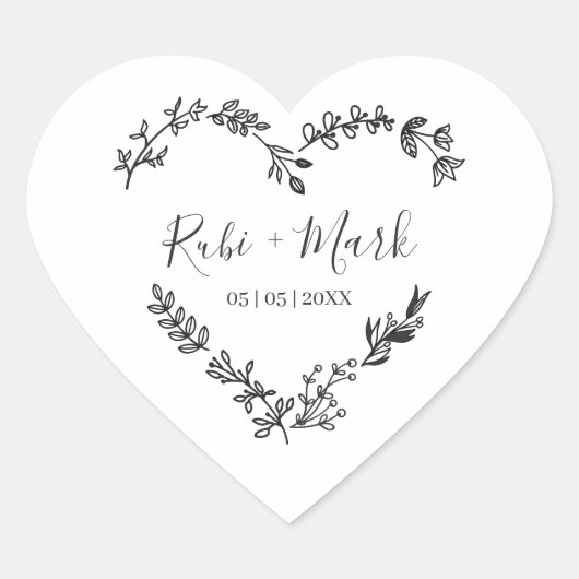 Minimalistisch Zwart Hart met Wildbloemen & takken Hart Sticker (Voorkant)