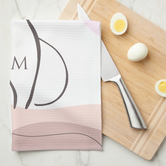 Minimalistisch zwart kat Boho Organic Shapes Monog Theedoek (Quarter Fold)