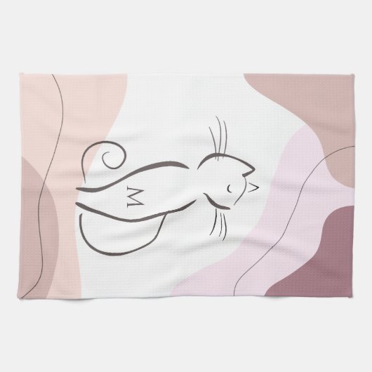 Minimalistisch zwart kat Boho Organic Shapes Monog Theedoek (Horizontaal)