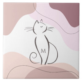 Minimalistisch zwart kat Organic Boho Shapes Monog Tegeltje