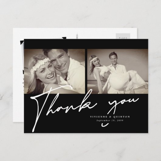 Minimalistisch zwart Lijst 2 Fotohuwelijk Hartelij Briefkaart (Voorkant / Achterkant)