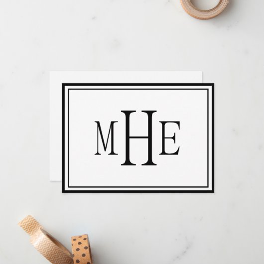 Minimalistisch zwart met monogram notitiekaartje (Voorkant / Achterkant in situ)