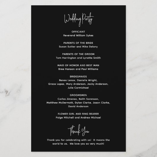 Minimalistisch zwart modern huwelijksprogramma (Achterkant)