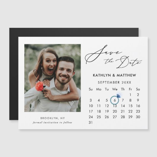 Minimalistisch zwart modern script foto bewaar de  magnetische uitnodiging (Voorkant / Achterkant)