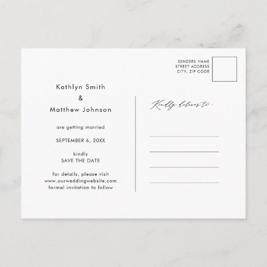 Minimalistisch Zwart Modern Script Foto De datum o Aankondigingskaart (Achterkant)