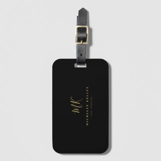 Minimalistisch zwart monogram goud elegant script bagagelabel (Voorkant (verticaal))