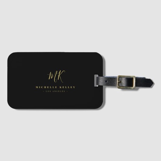 Minimalistisch zwart monogram goud elegant script bagagelabel (Voorkant (horizontaal))