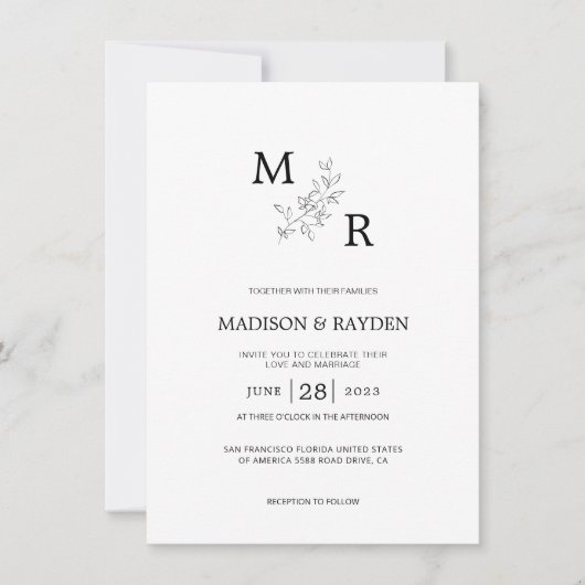Minimalistisch zwart monogram met bladeren Weddens Kaart (Voorkant)