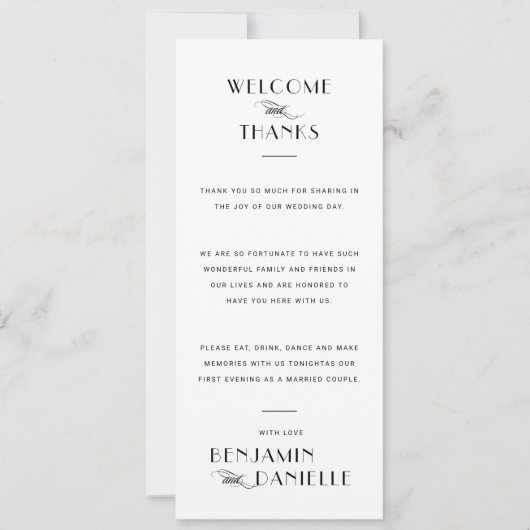 Minimalistisch zwart op wit welkom bruiloft plaats kaart (Voorkant)