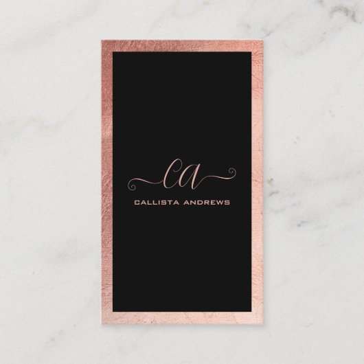 Minimalistisch zwart Roos Gold Foil Border Monogra Visitekaartje (Voorkant)