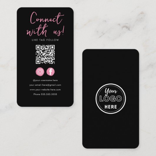 Minimalistisch zwart roze QR code verbind met ons Informatiekaartje (Voorkant / Achterkant)