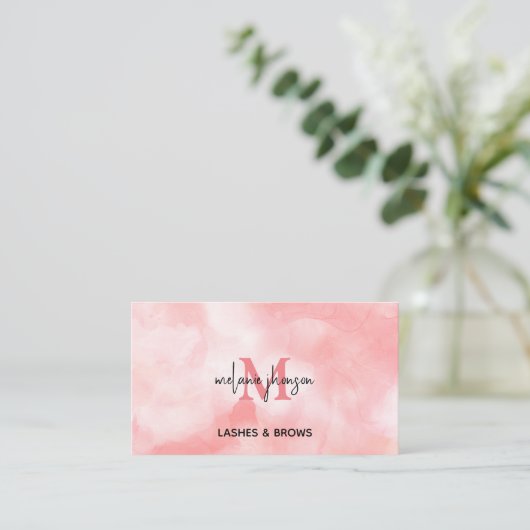 Minimalistisch zwart-roze Waterverf monogram Visitekaartje (Staand voorkant)