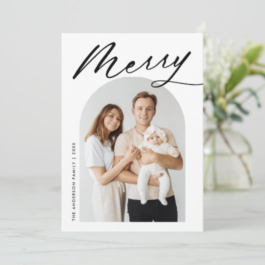 Minimalistisch zwart script 2 foto feestdagenkaart (Staand voorkant)