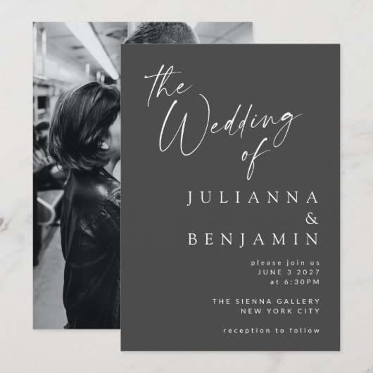 Minimalistisch zwart script foto-bruiloft kaart (Voorkant / Achterkant)