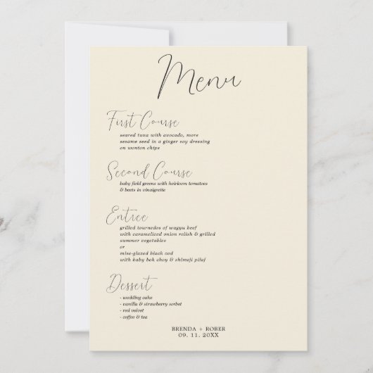 Minimalistisch zwart script op beige Wedding Menu Kaart (Voorkant)