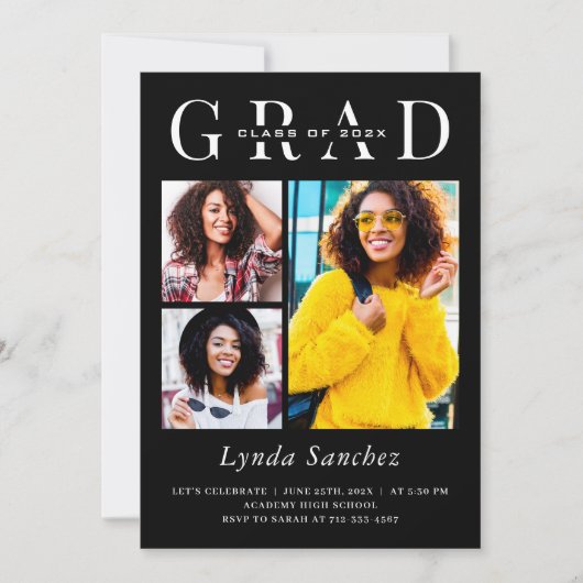 Minimalistisch zwart wit 3 foto Afstuderen Kaart (Voorkant)