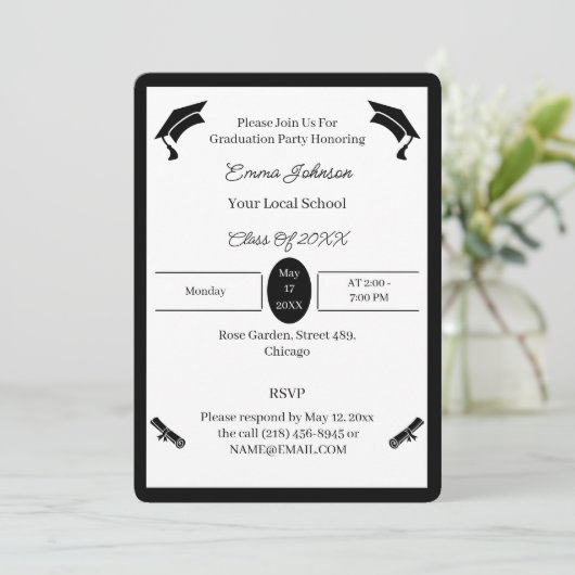 Minimalistisch zwart-wit aangepast Afstuderen Kaart (Staand voorkant)