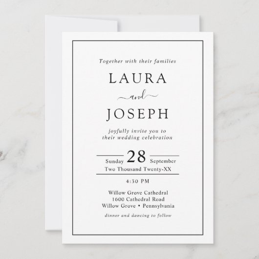 Minimalistisch zwart-wit alles in één bruiloft kaart (Voorkant)