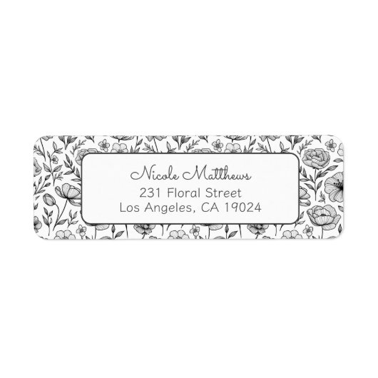 Minimalistisch zwart-wit bloemen retouradres etiket (Voorkant)