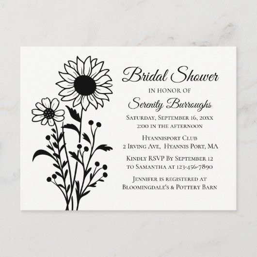 Minimalistisch zwart wit bloemen Vrijgezellenfeest Uitnodiging Briefkaart (Voorkant)