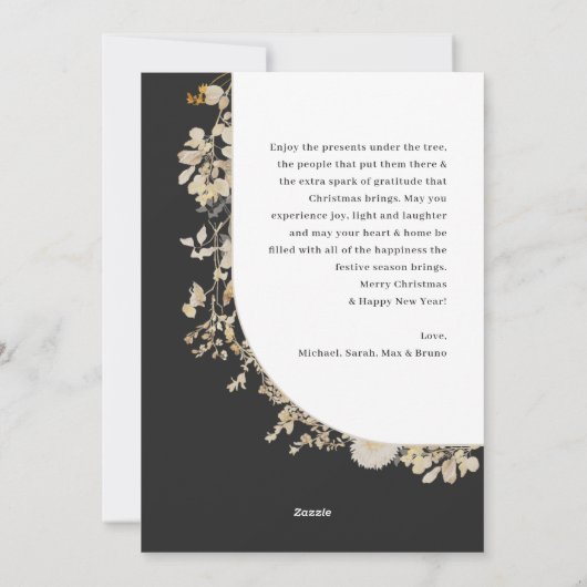 Minimalistisch zwart wit bloemig vrolijk kerstfees feestdagenkaart (Achterkant)