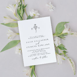 Minimalistisch zwart-wit bloemmotief monogram trou kaart