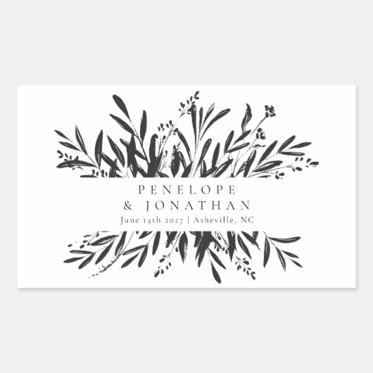 Minimalistisch zwart-wit botanisch aangepast huwel rechthoekige sticker (Voorkant)