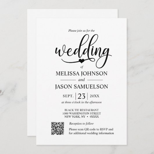 Minimalistisch zwart wit bruiloft hart | QR-code Kaart (Voorkant / Achterkant)