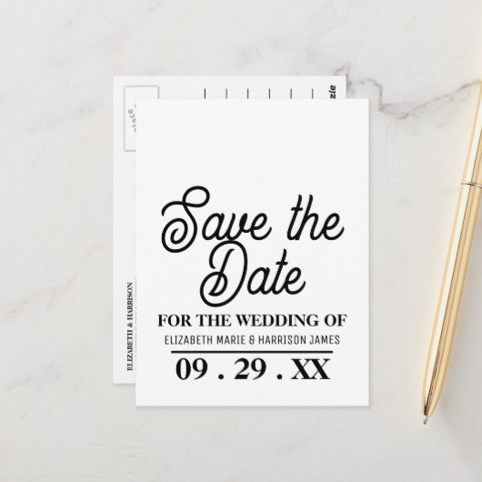 Minimalistisch, zwart-wit, bruiloft sparen de Datu Briefkaart (Voorkant / Achterkant in situ)