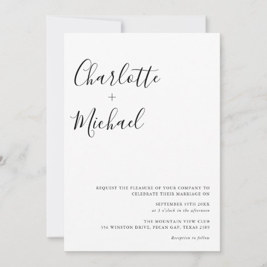 Minimalistisch zwart-wit bruiloftsscript kaart (Voorkant)