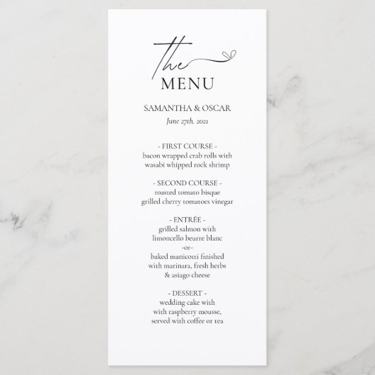 Minimalistisch zwart-wit bruisend huwelijk menu (Voorkant)
