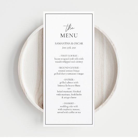 Minimalistisch zwart-wit bruisend huwelijk menu