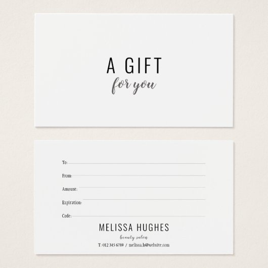 Minimalistisch zwart-wit cadeaubon visitekaartje (Voorkant /achterkant)