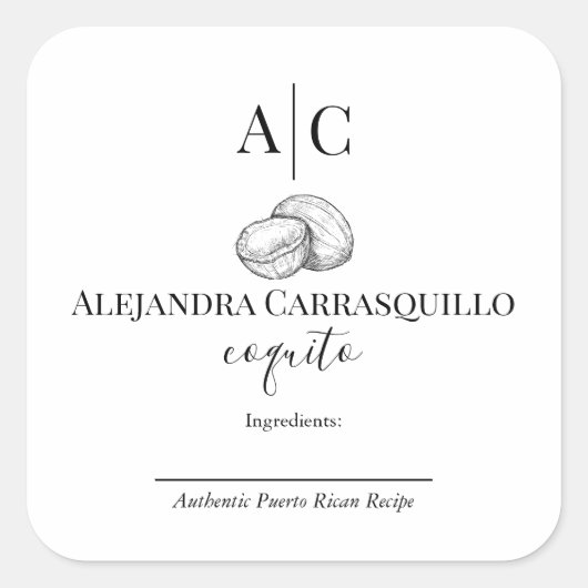 Minimalistisch zwart-wit Coquito flesetiket Vierkante Sticker (Voorkant)