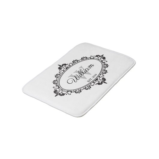 Minimalistisch zwart-wit  Damask Monogram Badmat (Gekanteld)