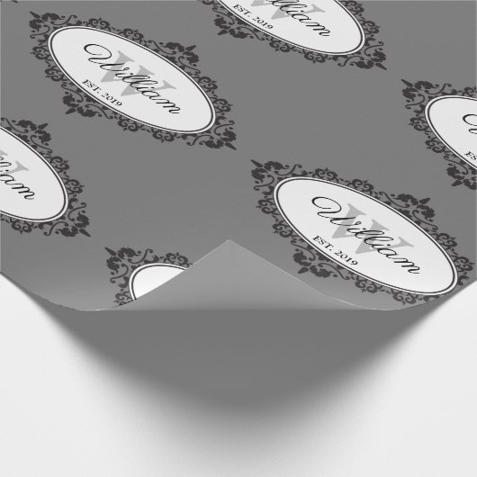 Minimalistisch zwart-wit  Damask Monogram Cadeaupapier (Hoek)