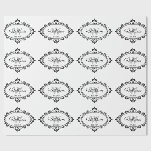 Minimalistisch zwart-wit Damask Monogram Cadeaupapier (Vlak)