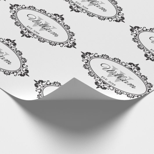 Minimalistisch zwart-wit  Damask Monogram Cadeaupapier (Hoek)