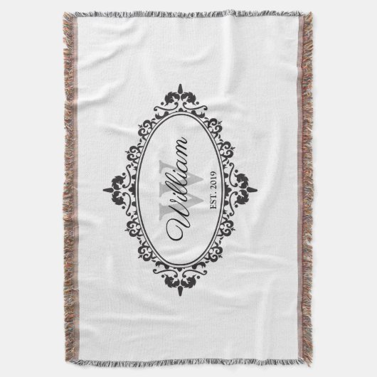 Minimalistisch zwart-wit Damask Monogram Deken (Voorkant Verticaal)