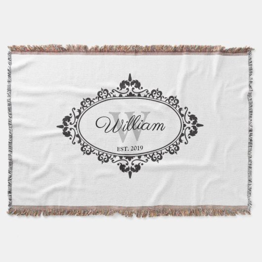 Minimalistisch zwart-wit Damask Monogram Deken (Voorkant)