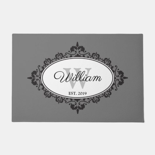 Minimalistisch zwart-wit  Damask Monogram Deurmat (Voorkant)