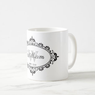 Minimalistisch zwart-wit Damask Monogram Koffiemok