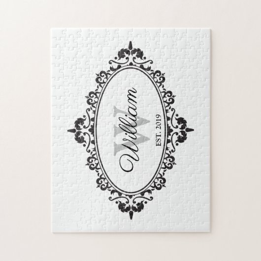 Minimalistisch zwart-wit  Damask Monogram Legpuzzel (Verticaal)