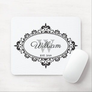 Minimalistisch zwart-wit Damask Monogram Muismat