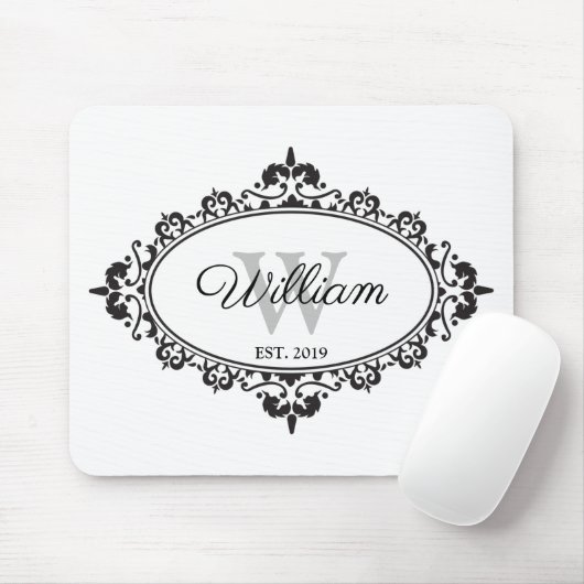 Minimalistisch zwart-wit  Damask Monogram Muismat (Met muis)