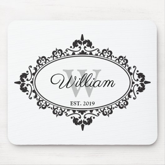 Minimalistisch zwart-wit  Damask Monogram Muismat (Voorkant)