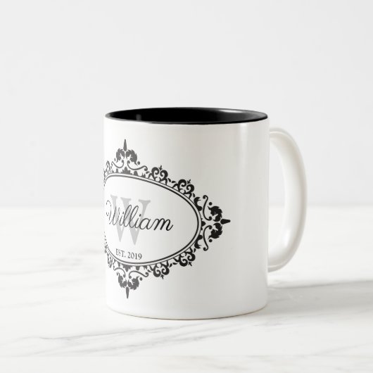 Minimalistisch zwart-wit  Damask Monogram Tweekleurige Koffiemok (Voorkant rechts)