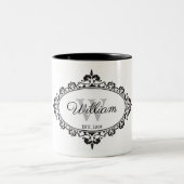 Minimalistisch zwart-wit  Damask Monogram Tweekleurige Koffiemok (Center)