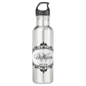 Minimalistisch zwart-wit Damask Monogram Waterfles (Voorkant)