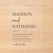 Minimalistisch zwart wit eenvoudige elegante bruil acryl uitnodigingen (Voorkant)